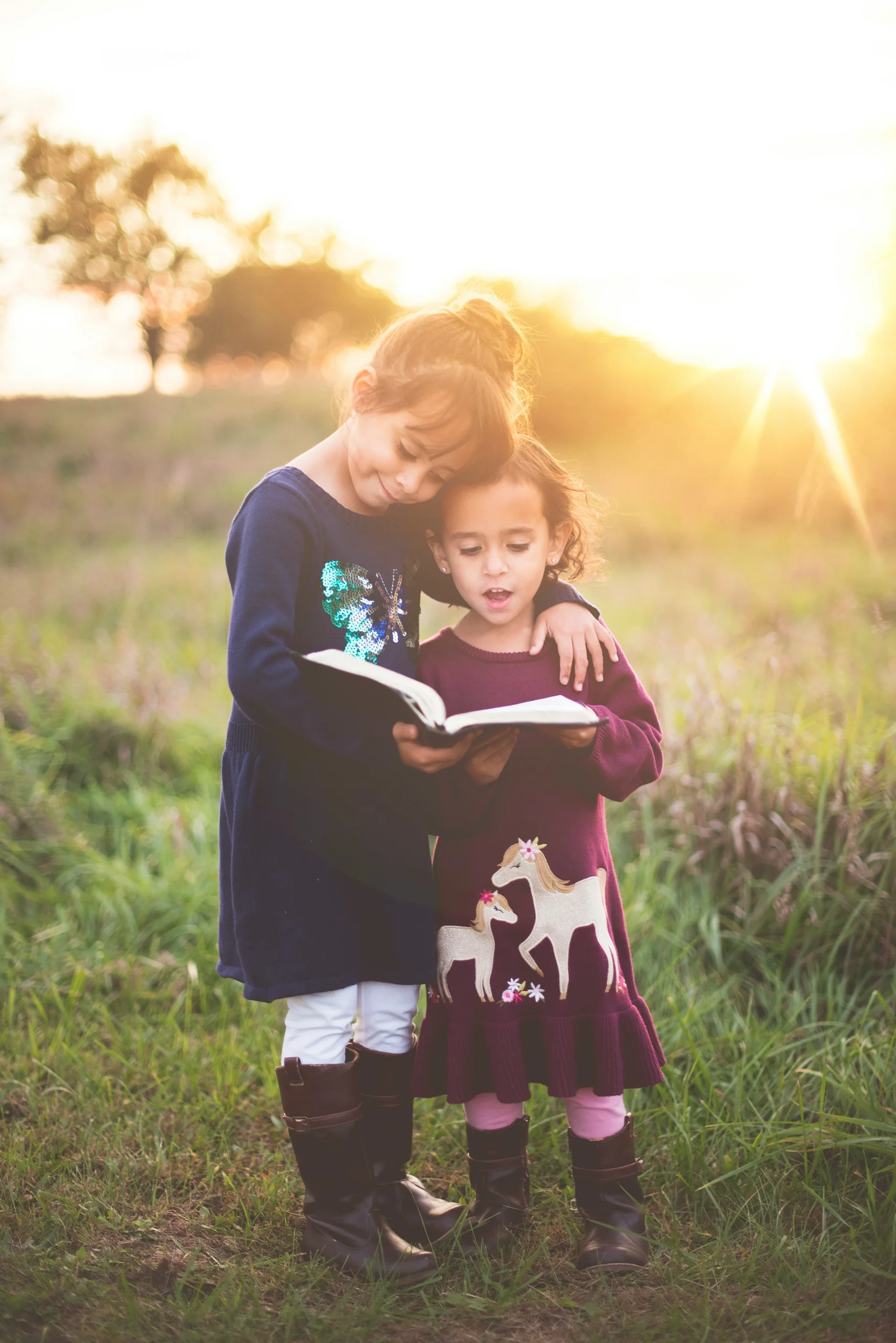 Duas meninas estão em um campo gramado ao pôr do sol, compartilhando um momento de leitura. A menina mais velha, vestindo um vestido azul com uma borboleta brilhante, tem o braço carinhosamente ao redor da mais nova, que usa um vestido roxo com estampa de cavalos. Elas estão usando botas e parecem imersas no livro que seguram juntas. O sol brilha ao fundo, criando um ambiente acolhedor e sereno.
