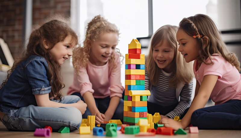 Quatro meninas pequenas brincam juntas em um ambiente interno, sentadas no chão em círculo, sorrindo e se divertindo enquanto constroem uma torre alta e colorida com blocos de LEGO