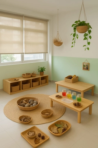 Sala de educação infantil inspirada na abordagem Reggio Emília, com móveis de madeira clara, materiais naturais organizados em cestos e plantas, criando um ambiente acolhedor, estético e exploratório.