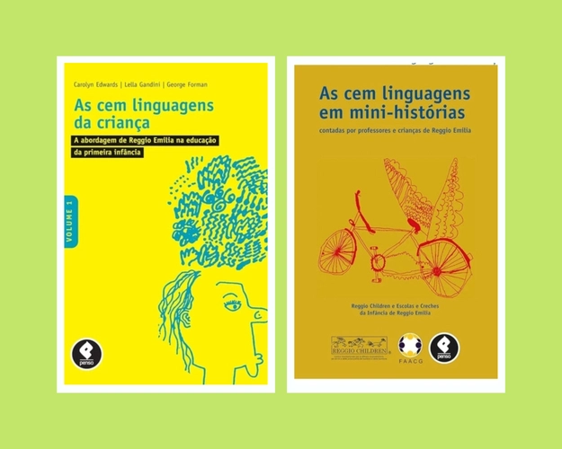 Capas dos livros “As cem linguagens da criança” e “As cem linguagens em mini-histórias”, referências da abordagem Reggio Emília na educação infantil, com fundo verde claro.