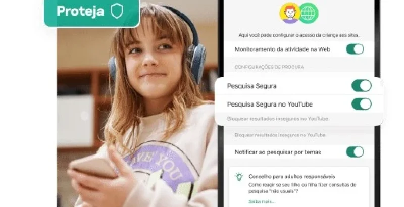Criança telas Interface do controlo parental Kaspersky Safe Kids no celular mostrando opções de pesquisa segura, enquanto uma criança nas telas assiste a desenhos animados com fones de ouvido, sob supervisão digital.